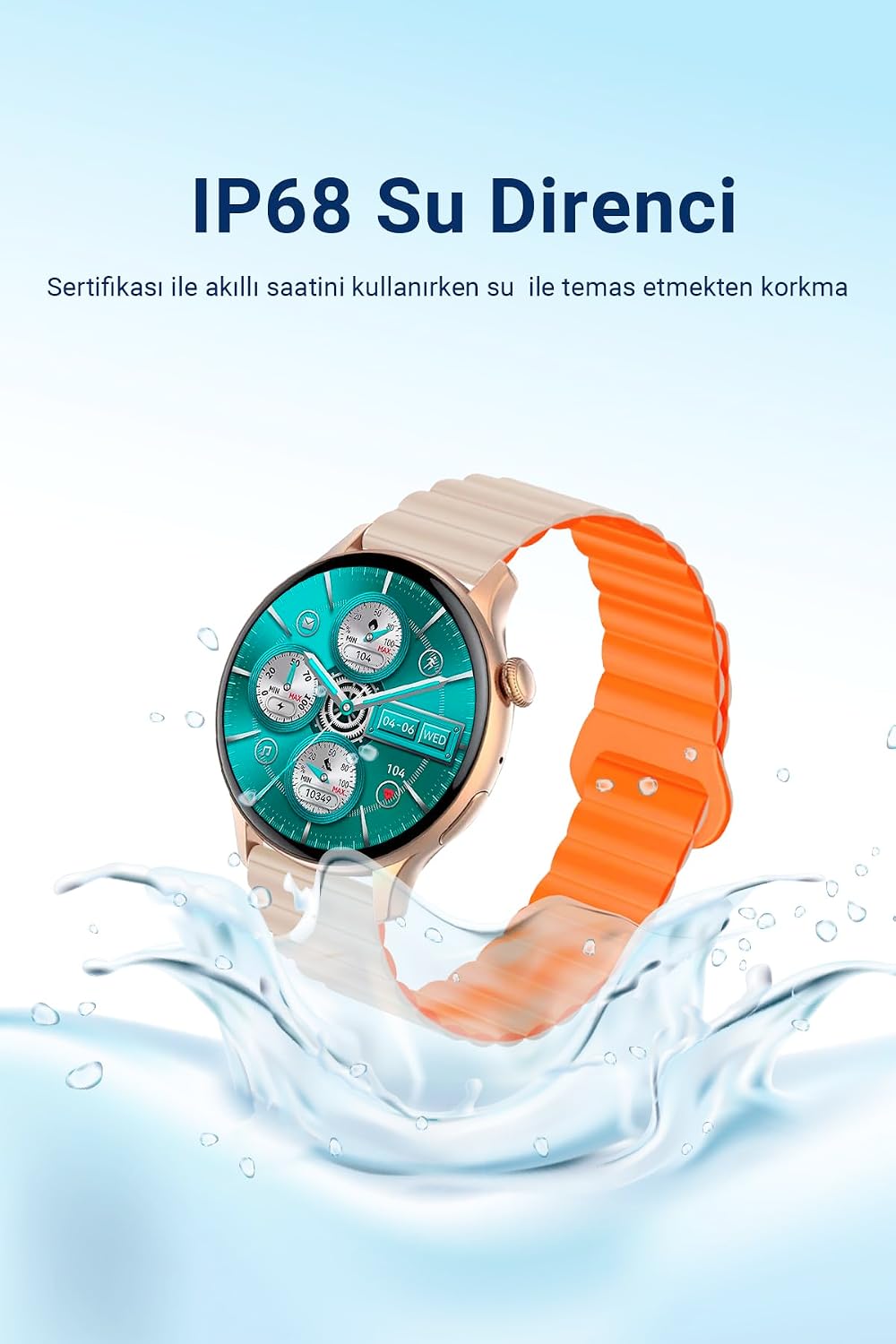 Spovan AtlasX Mate Smartwatch with water splashing around it, illustrating its IP68 water resistance.