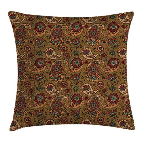 Ambesonne Paisley Throw Pillow Cushion Cover, Vintage Inspired Multicolored Leaf Flower Motif In Earth Tones Print, Decorative Square Accent Pillow Case, 20" X 20", Pale Brown #TOP5
