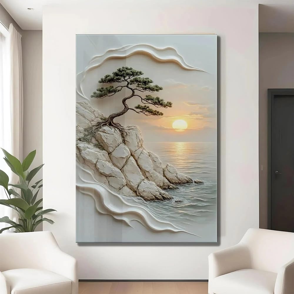Gosrd Frameless Canvas Prints Zen Coastal Wall Art Landscape Poster White Cliff Ocean Sunset Decor Nature Artwork(70X110cm/Frameless)