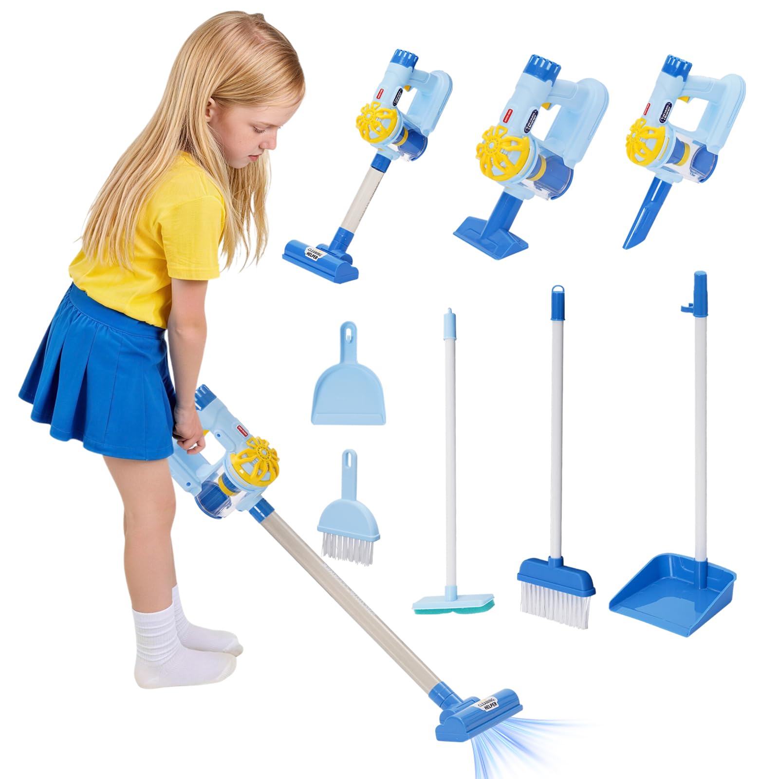HOMCENT Cleaning Toys for Toddlers, Kids Pretend Play Housekeeping Set with Real Vacuum Cleaner, Toddler Cleaning Set with Broom Mop Dustpan, Montessori Learning Toys for Boys Girls Ages 3+ (BLUE)