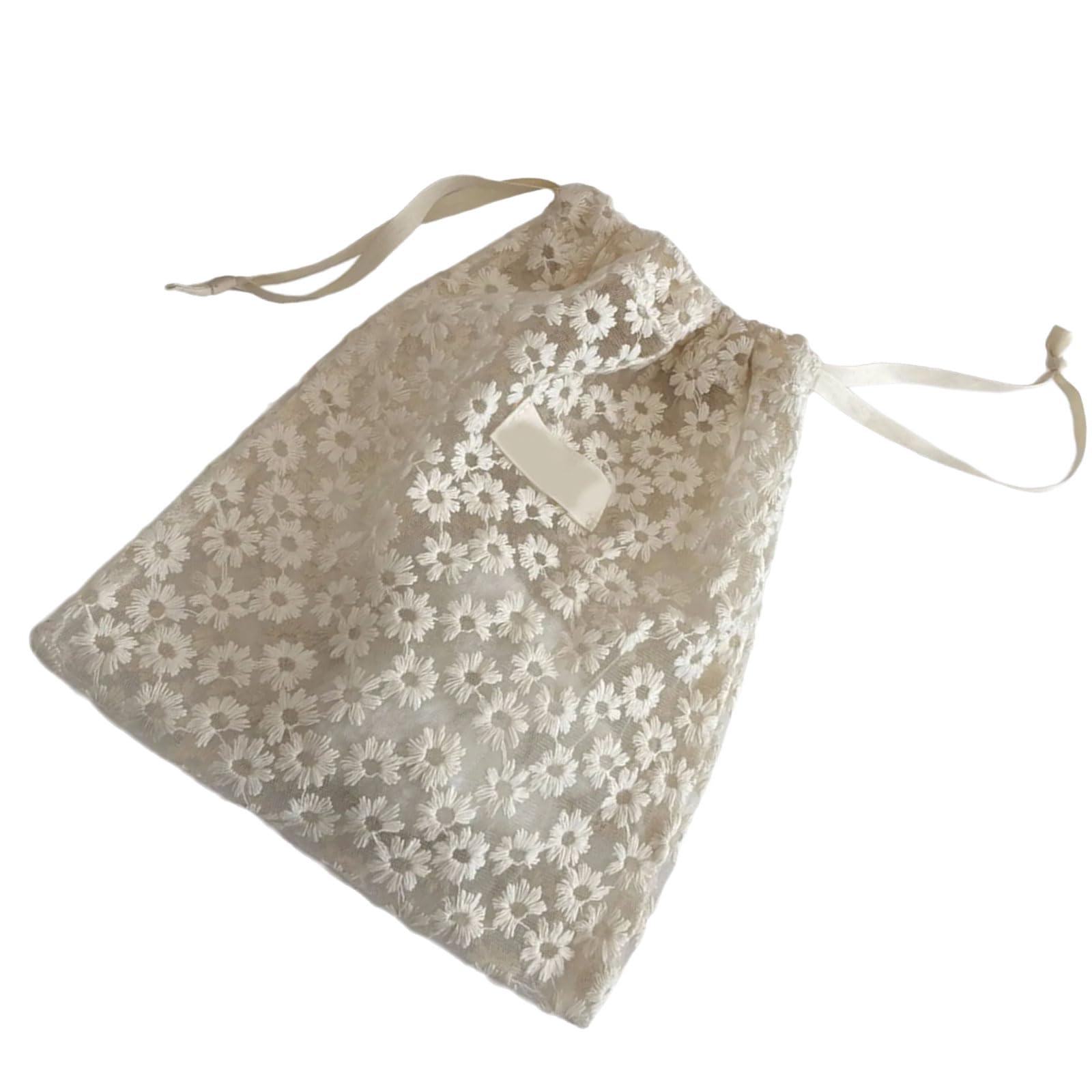 HGENAHGTF Decorative Embroidery Meshes Organizers Bag Secure Drawstring Closure Portable Cosmetic Storage Portable Travel Accessory Daisies Embroidery Storage Pouches