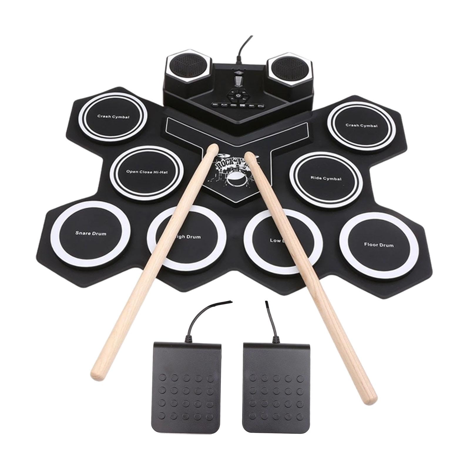 Batería Electrónica Portátil de Práctica Enrollable Set de Pads con Altavoz Integrado Y Salida para Auriculares Pedales Incluidos Y Superficie Flexibl, Blanco