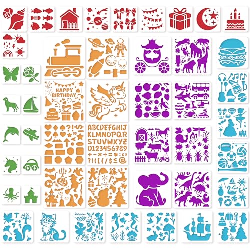 Bsenhe 48PCS Stencils for Kids Stencils for Painting Crafts Reusable Drawing Art Stencil Washable Primary Shape Paper Scrapbooks Template for Kids Toddlers Preschool Back to School