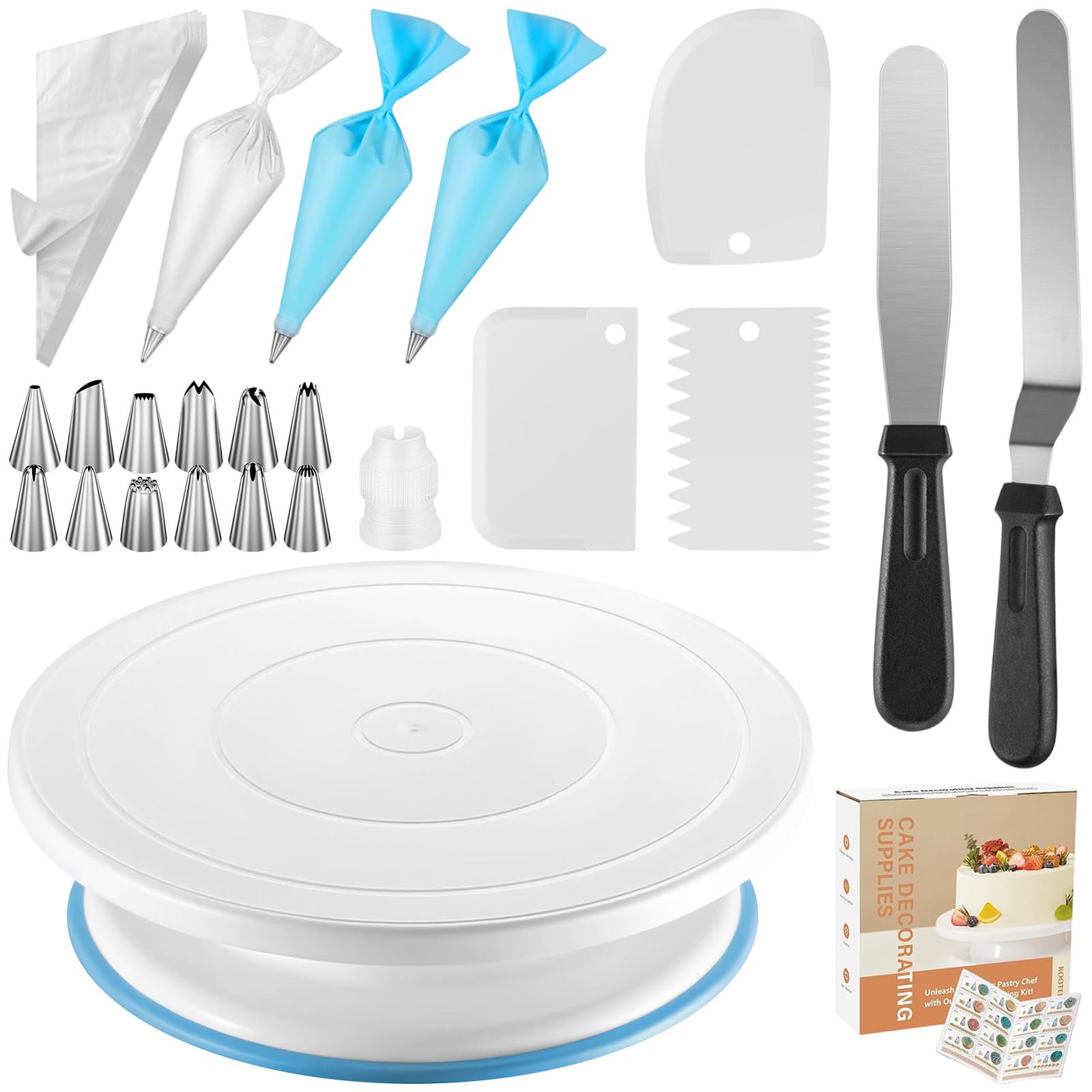 Kit Plateau Tournant Patisserie Rotatif, Ustensiles Plateau Gâteau avec 12 Embouts Glaçage, 2 Spatules Niveleur, 3 Grattoir, 50 Poches Douille Jetables, Accessoires Décoration Cuisson (71 Pièces)