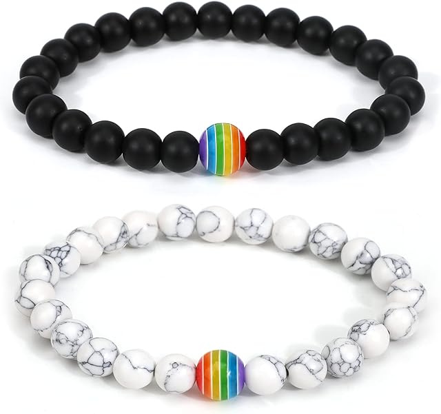 PHOGARY Gay Pride LGBT Bracelets (2 Packs), Rainbow Bead Couple Distance Bracelets