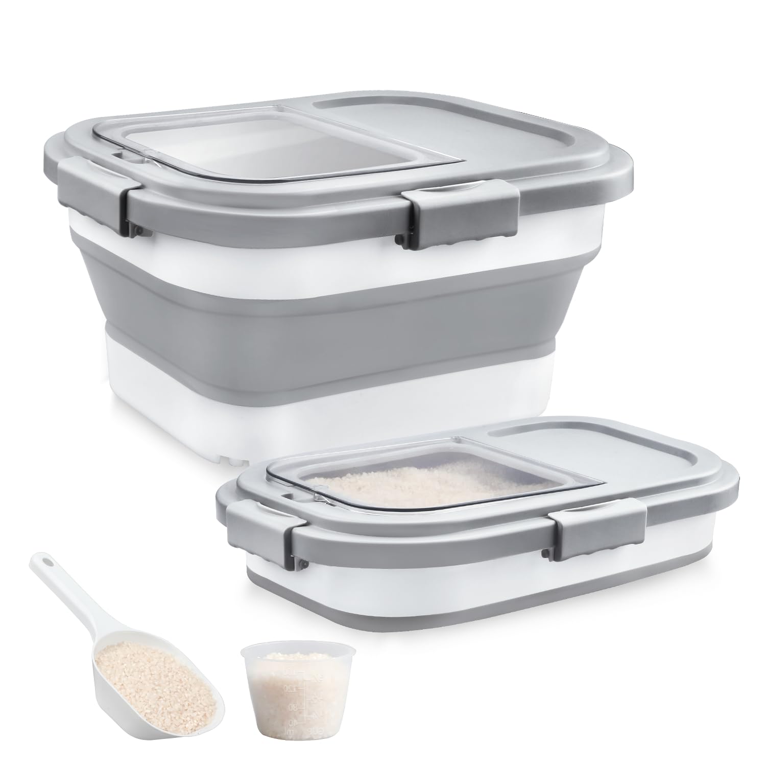Komzon Rice Storage Container, Collapsible Airtight Food Storage Containers 6-20 Lbs, Rice Dispenser Bin with Cup and Scoop for Flour Cereal Pasta Grain, Cat Bird Pet Dog Food Storage Container