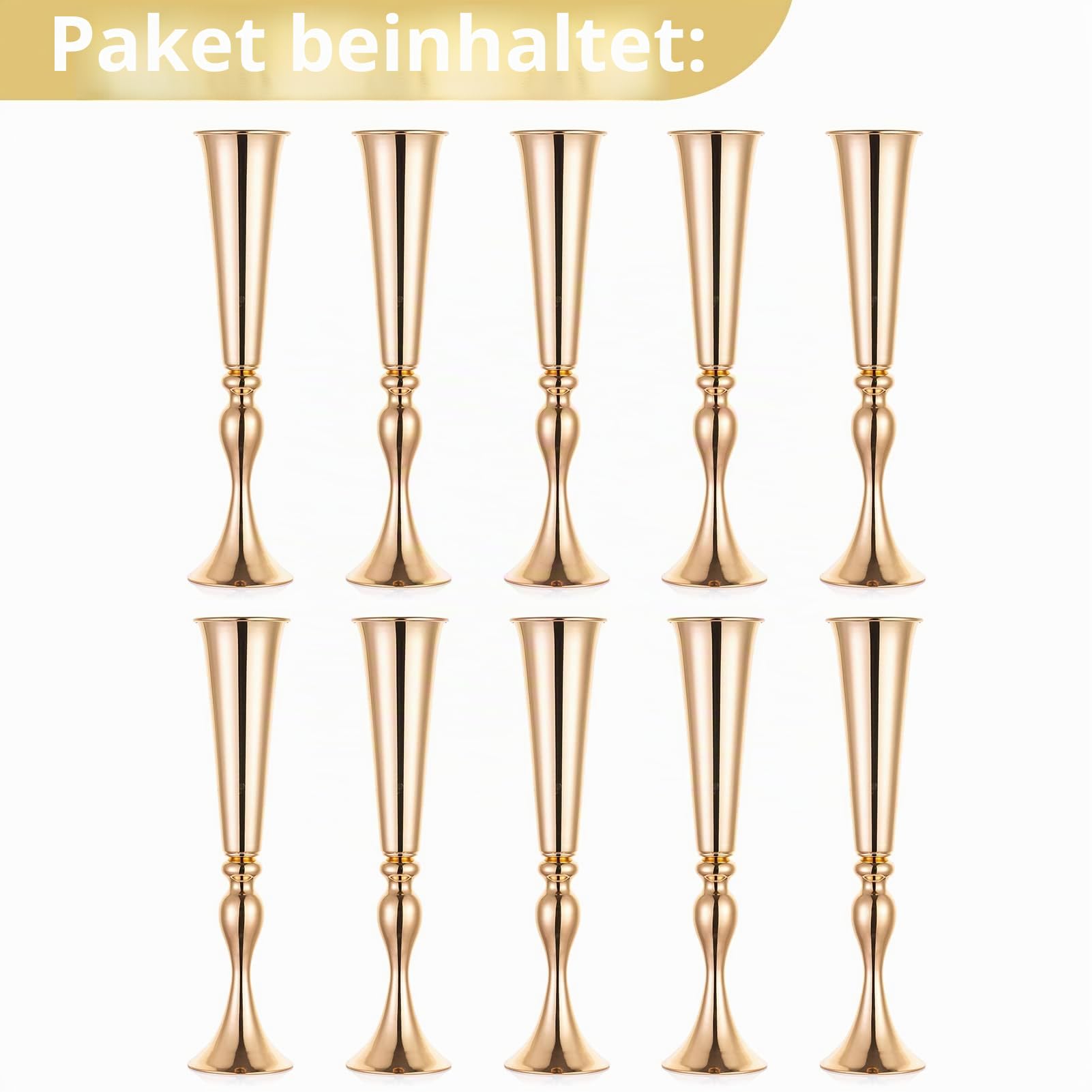 NUPTIO Blumenständer Metall Gold Hochzeit: 10 Stück 55,5cm Hoch Trompete Vase Blumenvase Goldene Blumenarrangement Ständer für Geburtstag Party Tafelaufsaetze Tischdeko