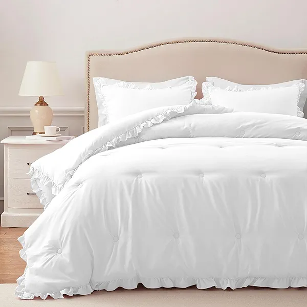 HARBOREST Queen Comforter Set White - Ruffle Comforter for Queen Size Bed, Fluffy Queen Size Comforter Set for All Seasons, 3 Pieces(1 Comforter & 2 Pillow Shams)