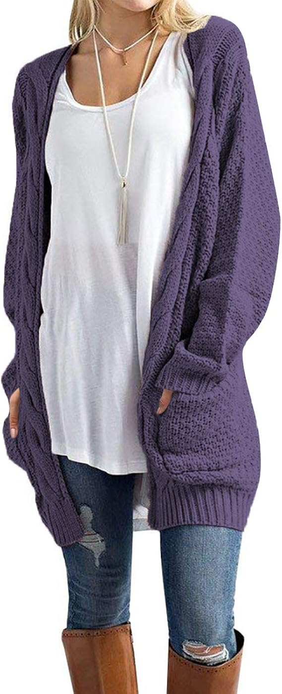 Traleubie Women's Open Front Long Sleeve Boho Boyfriend Knit Chunky Cardigan Sweater