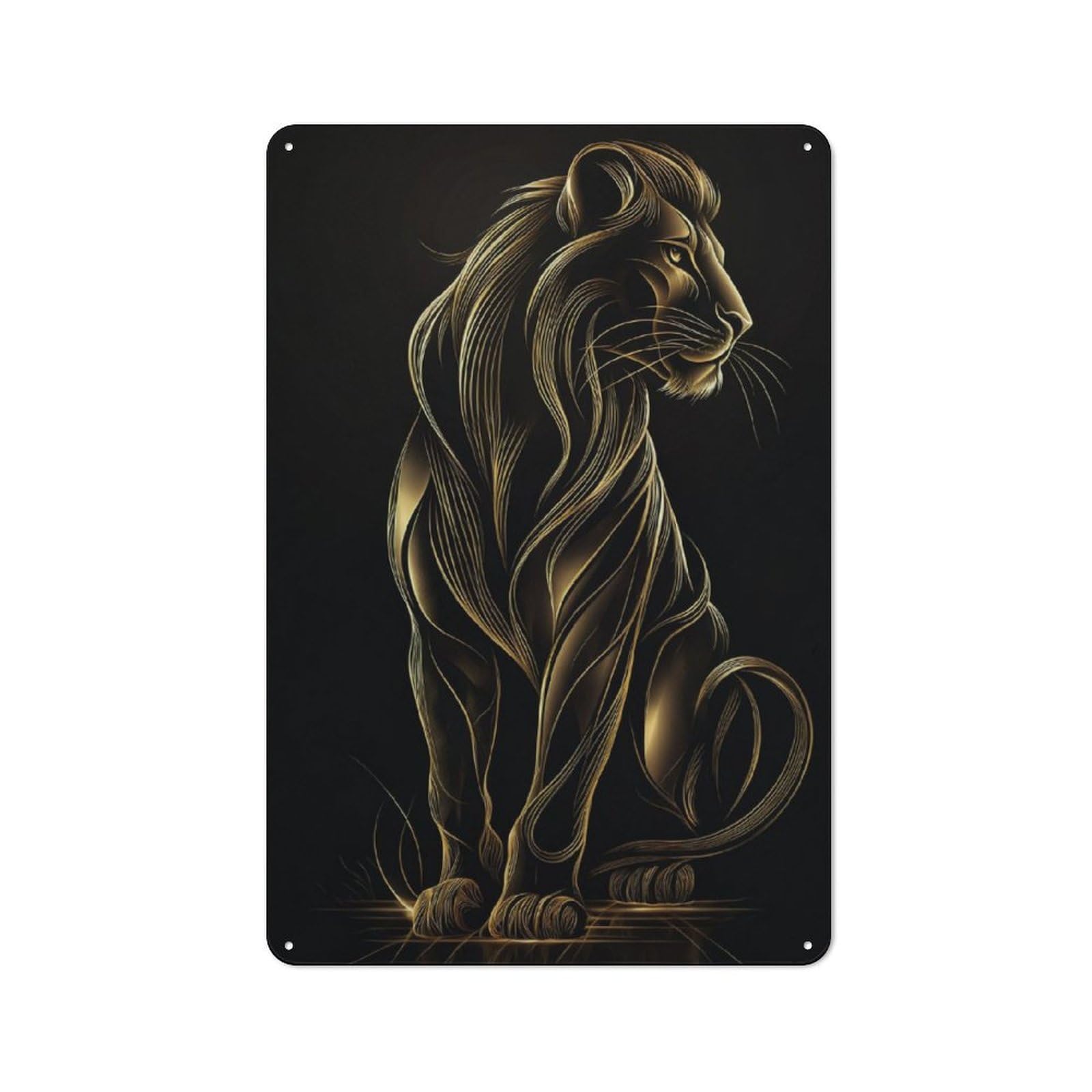 Decorative Metal Plaque with Majestic Gold Lion Profile Design 30x20cm, Modern Retro Studio Wall Art for Workspace, Cafe, Hallway Or Garage