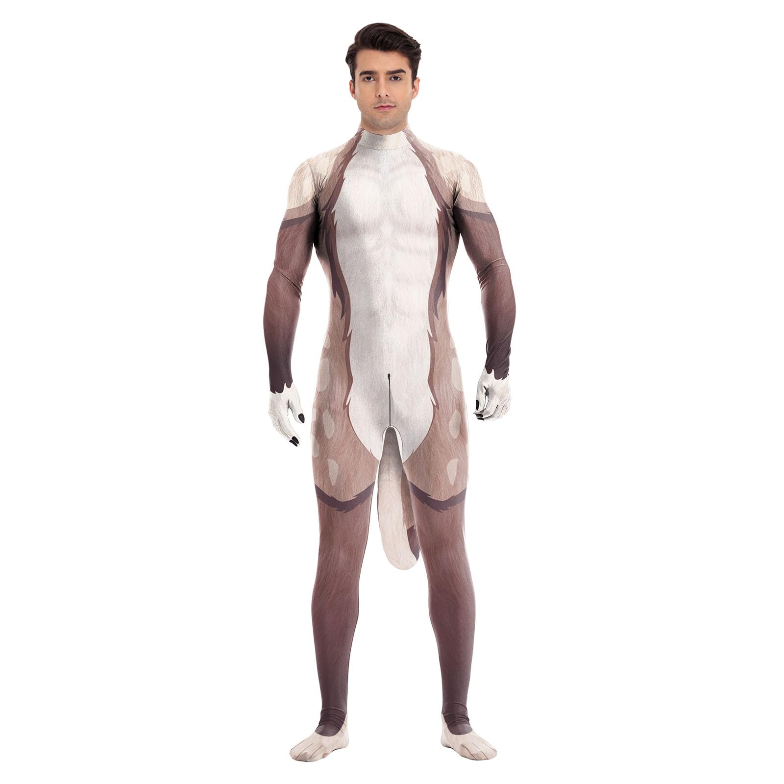 Animal Full Bodysuit for Men Muscle Spandex Jumpsuit Furry Costume with Big Tail for Adult Cosplay Halloween Party