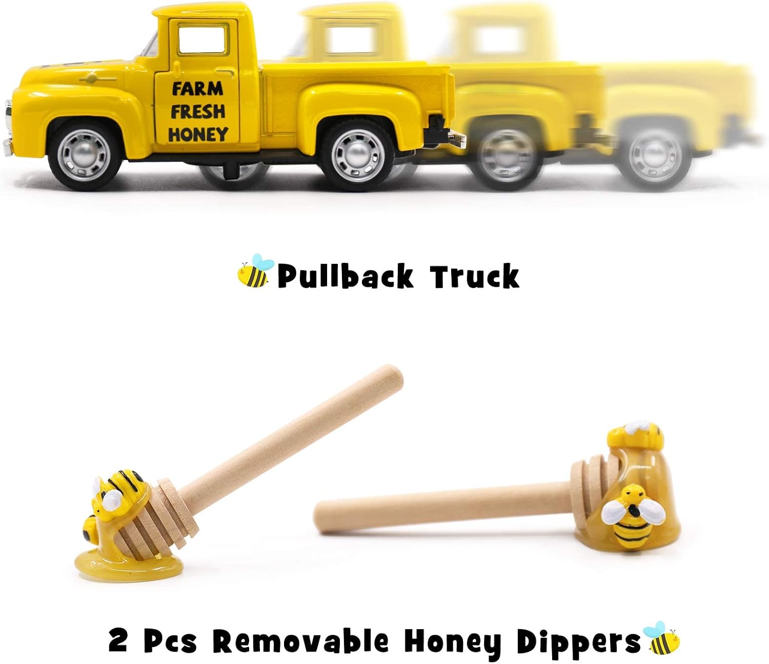 Huray Rayho Mini Farm Fresh Honey Yellow Truck with Faux Honey Dippers Farmhouse Honeybee Tiered Tray Decor Vintage Pickup Metal Truck Spring for Summer Bookshelf Table Kitchen Decors