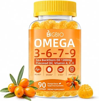 Omega 3-6-7-9 Gummies, Organic Sea Buckthorn Oil 1200MG & Flaxseed Oil 500MG, Vegan Omega 7 Supplement w/Vitamin A, C, E, Fatty Acids, No Fish Taste, Supports Skin, Eye, Immune, Brain Health, 90 Cts