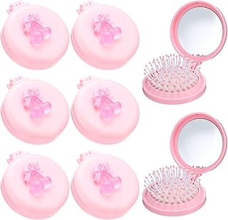 LemonRoad 6 Pack Compact Travel Mirror Hair Brushes, Mini Mirror Comb, Round Portable Folding Pocket Hairbrush, Small Size Massage Comb, Coquette Bow Party Favor for Women (Pink)