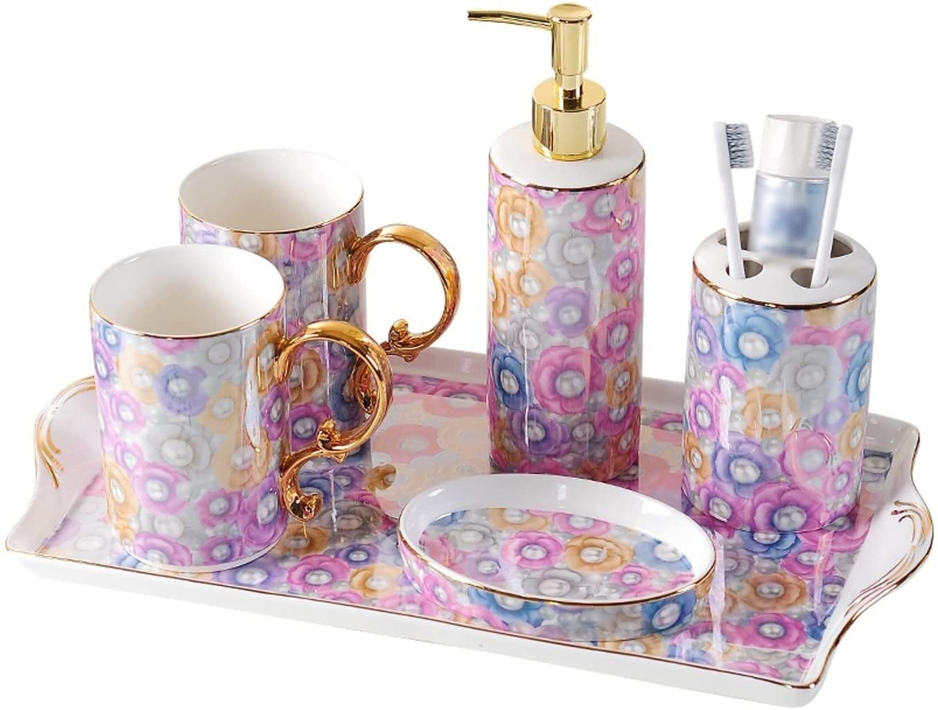 Juego de cinco piezas para baño con portacepillos y vaso de enjuague
