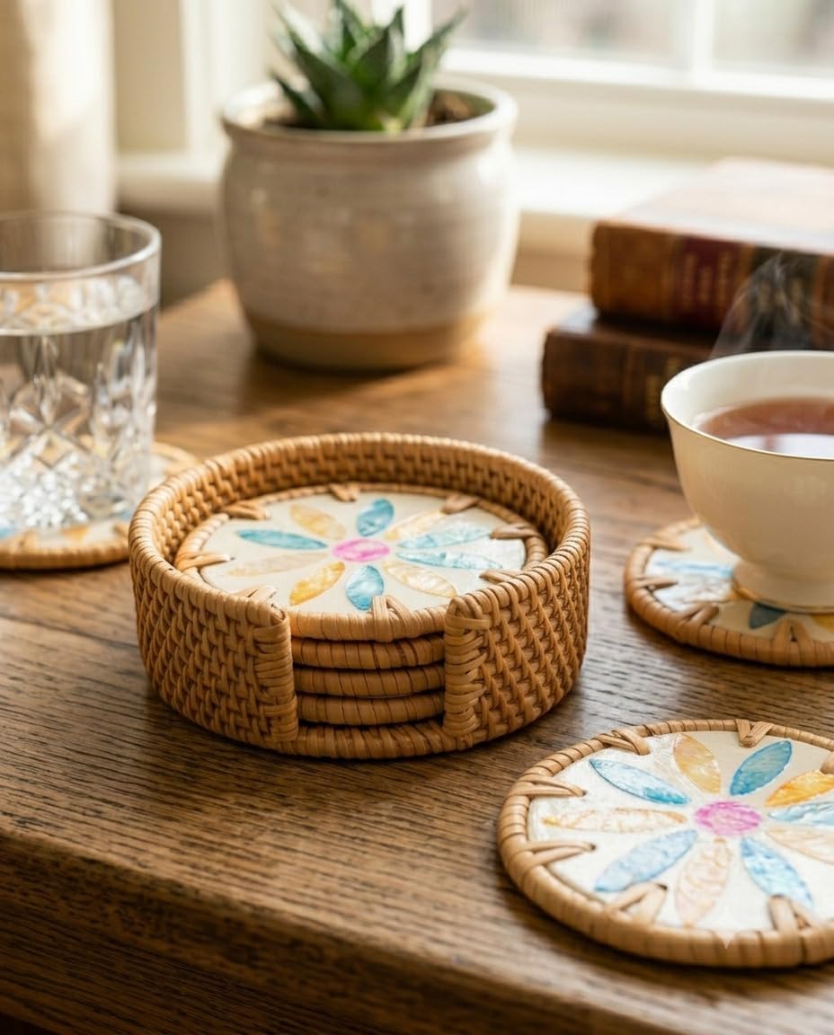 Rattan Mother of Pearl Round Coasters | 10 cm Diameter | Handcrafted Rattan with MOP Inlay | Decorative Drink Coasters for Home-image-31