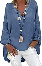 Tincini Leinenbluse Damen Sommer Tunika V-Ausschnitt Große Größen Blusenshirt Langarmshirt Leinen Baumwolle Hemd Oberteile Druck Shirt