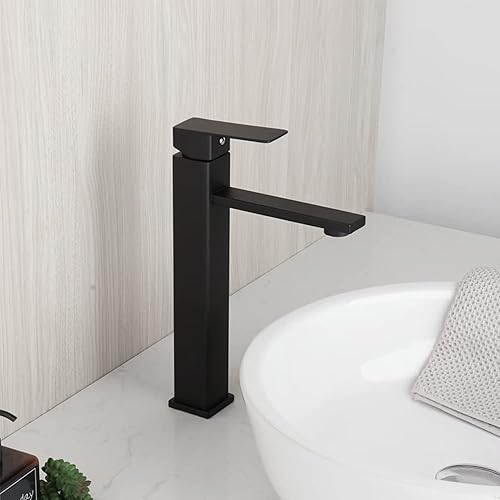 Miniatura 7 de Grifo de lavabo de baño negro con ángulo recto de ducha alta de una sola manija lavabo mezclador de acero inoxidable para fregadero de recipiente