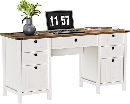 Miniatura 8 de Escritorio ejecutivo de granja con cajones, escritorio de computadora de granja de 62 pulgadas de ancho con tomas de corriente y carga USB,