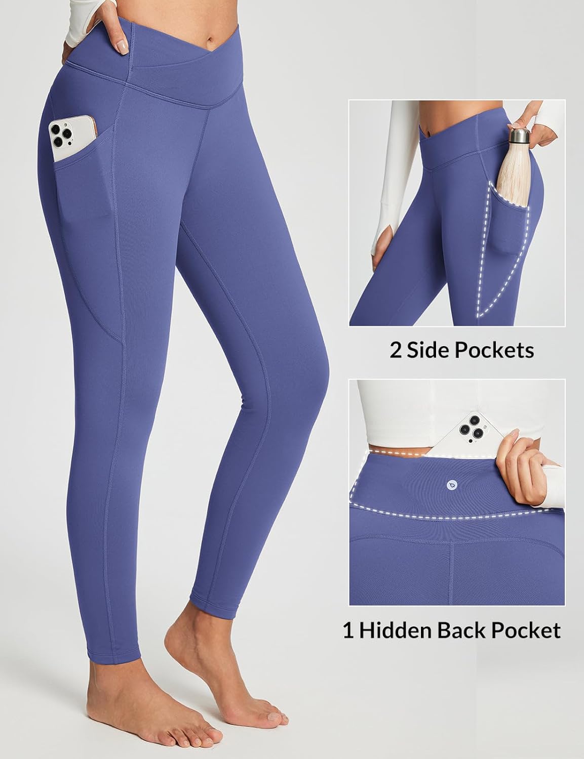 baleaf Women's Crossover Fleece Lined Leggings with Pockets Thermal Warm Winter Tights Crossover High Waisted Yoga Pants