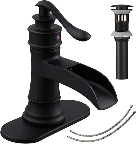 Grifo de baño para lavabo, tipo cascada, negro mate, con piezas, tapón de drenaje automático, desbordamiento, estilo casa de campo, orificio único,