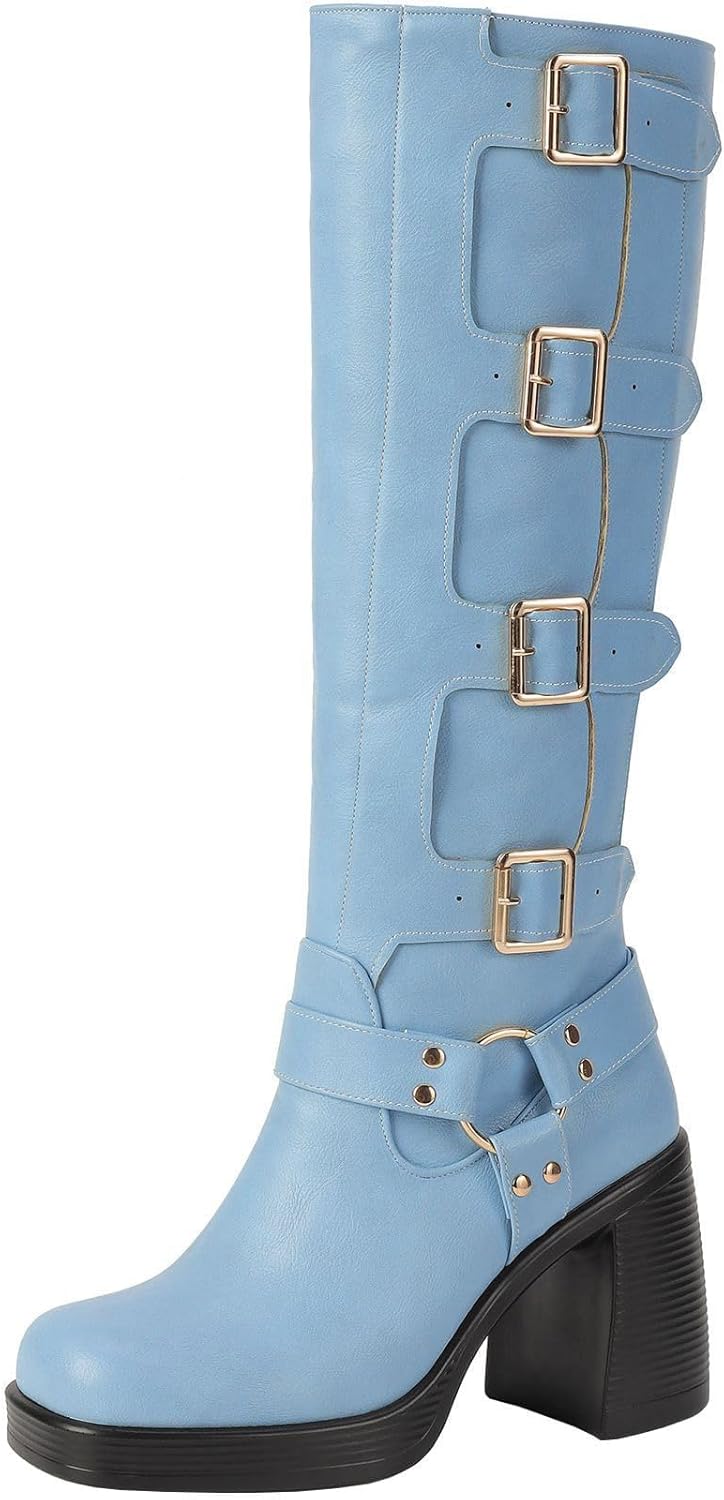 Seborluys Knee High Buckle Boots for Women Square Toe Chunky Block High Heel Pull On Gothic Riding Boots with Fleece Lining