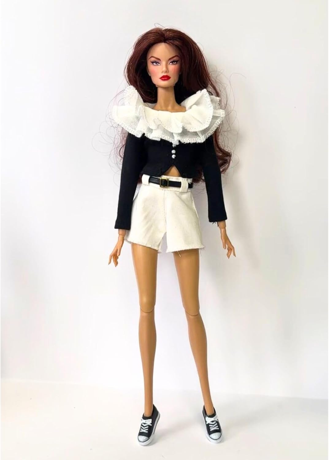Fashion Doll Clothes Set, Black Long Sleeve Top with White Shorts, Shoes and Accessories, Compatible with 11.5-12 Inch Dolls, 1/6 BJD