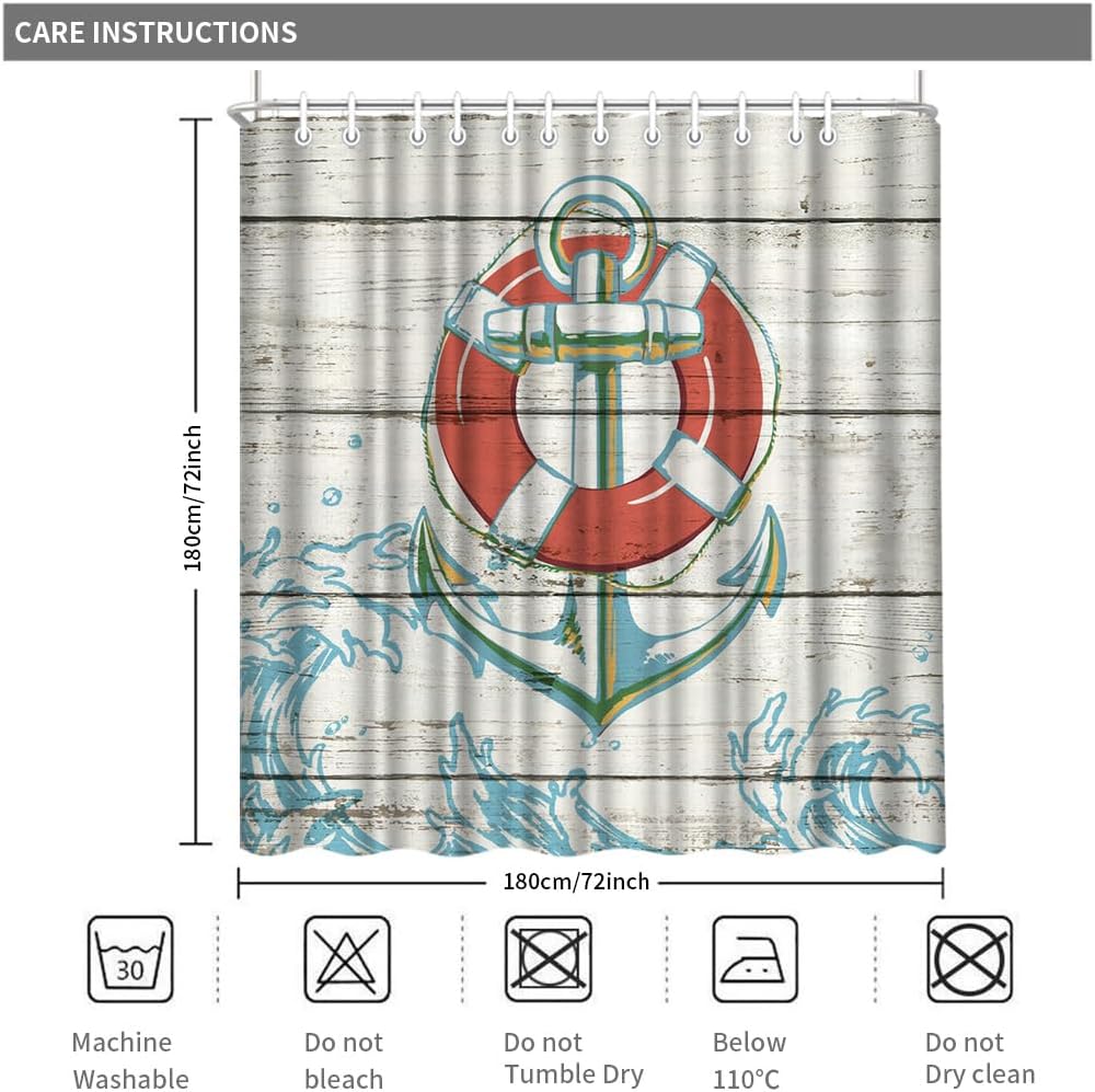 Nautical Anchor Shower Curtain 72x72 Coastal Life Ring Print Beach Bathroom Decor