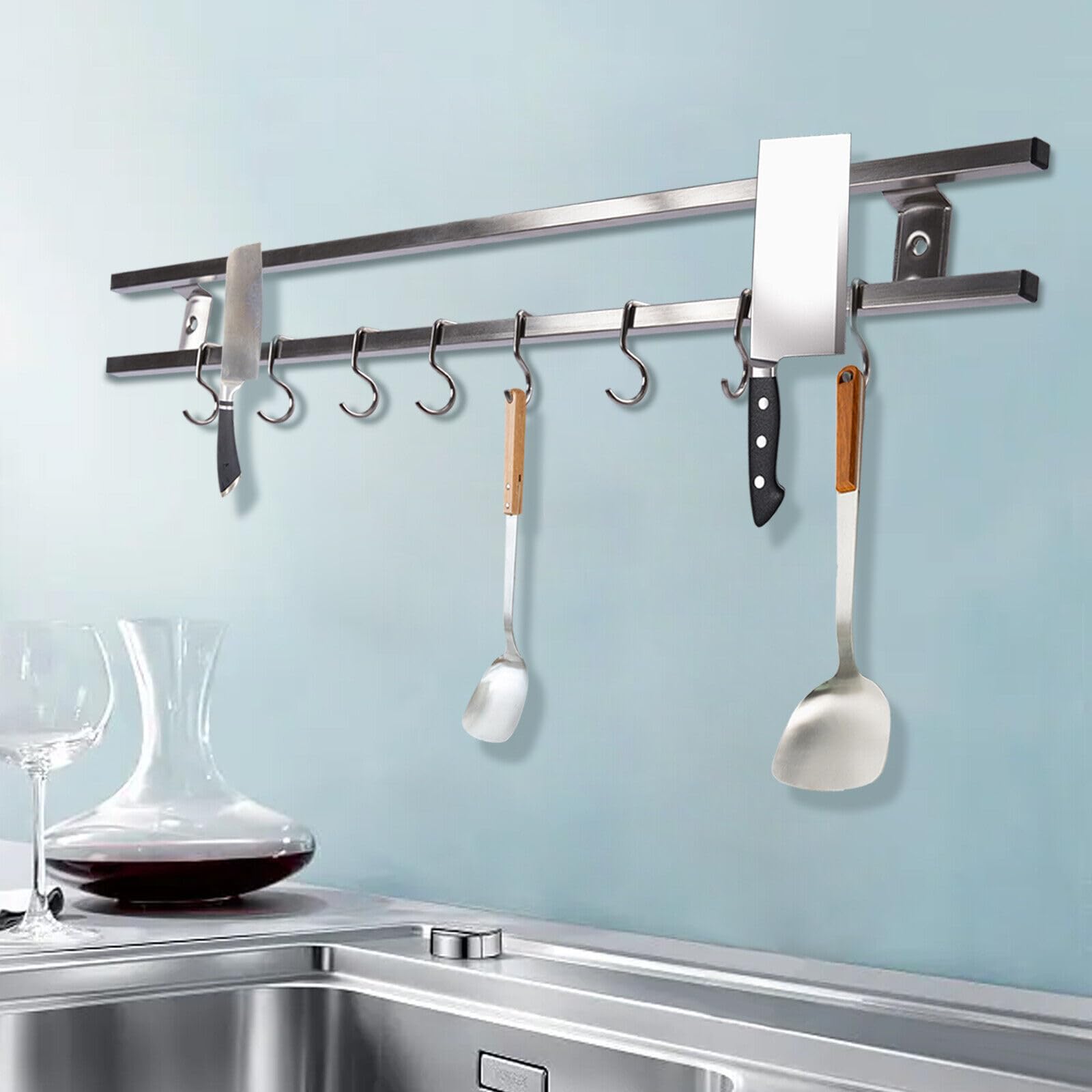 Double-bar Tool Holder, 24Inch Magnetic Knife Holder Magnetic Knife Strip with 8 Hooks Powerful Magnetic