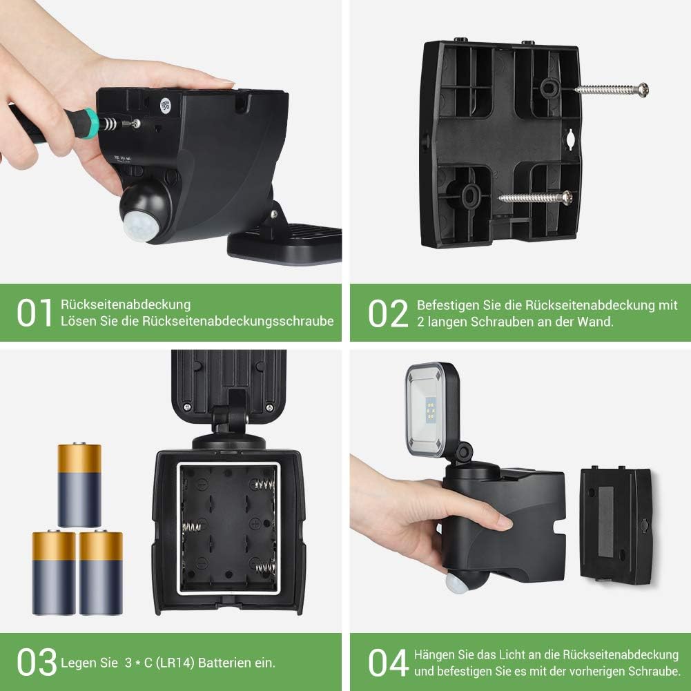 Four-panel image showing the installation steps: 1. Loosening the back cover screw. 2. Mounting the back cover to a wall with screws. 3. Inserting three C-type batteries into the compartment. 4. Attaching the light unit to the mounted back cover.