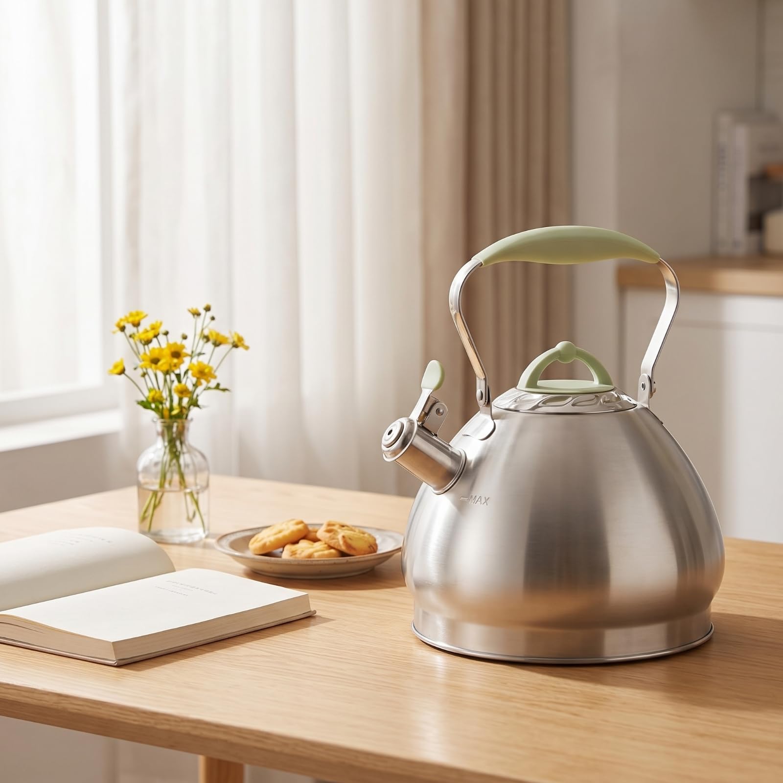 Bollitore con Fischietto Fondo Spesso Bollitore in Acciaio Inox Antiscivolo Teiera Fischiante per Cucina, Verde Matcha, 4.3L