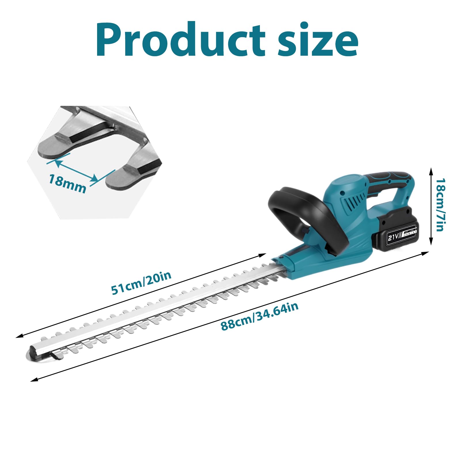 Cortasetos con batería de 21 V con 2 baterías de 3,0 Ah, motor sin escobillas de 1000 W, hoja de 51 cm, grosor de corte de 15 mm, cortasetos inalámbrico para setos, arbustos y arbustos (3,0 Ah)