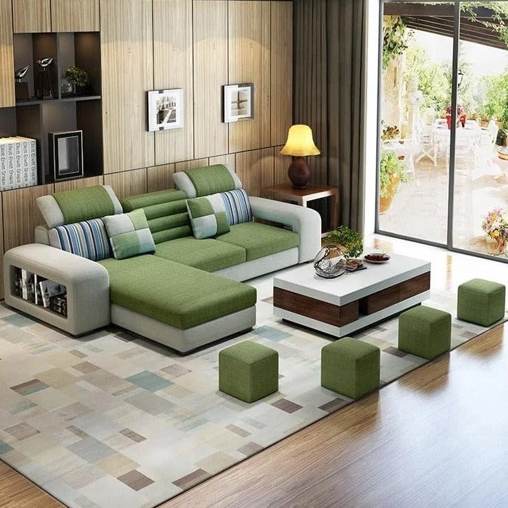 Image of Travis Luxury 8 Seater L Shape Sofa for Living Room Green & Light Grey LHS | Premium Sofa Set 8 Seater | L Shaped Sofa with Ottoman for Bedroom House Decor