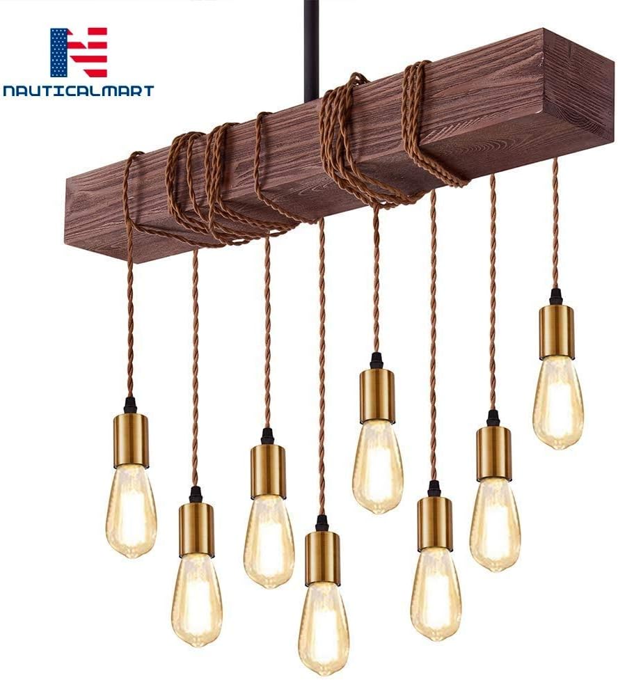Rustic Wood Chandelier for Dinning Room Adjustable Height, 8 Lights Farmhouse Light Fixture for Kitchen Island, Bar, Pool Table Light