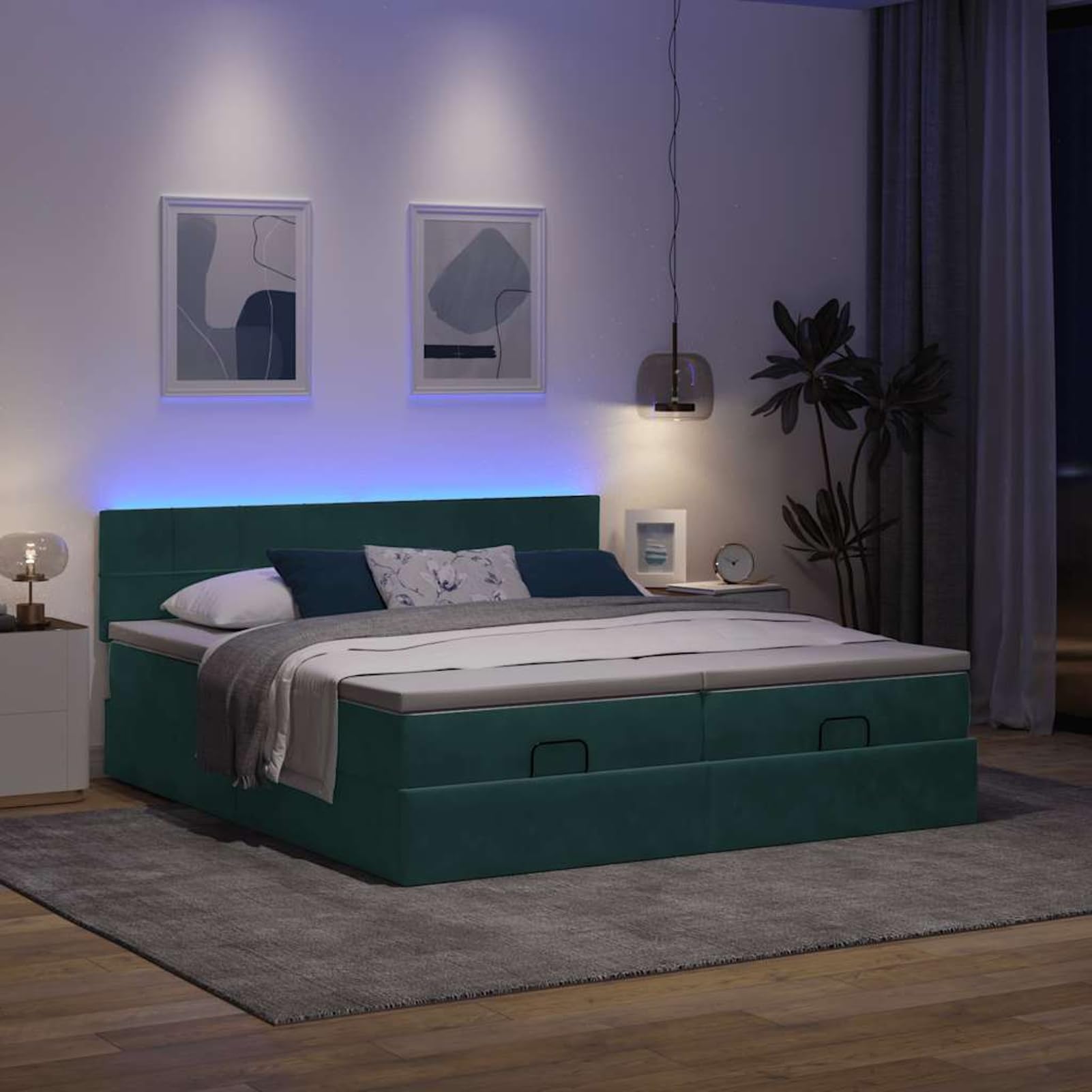 Gecheer Cama Otomana con Almacenamiento y Colchón de Resortes Individuales, Tela de Terciopelo, Luces LED, para Dormitorio y Descanso