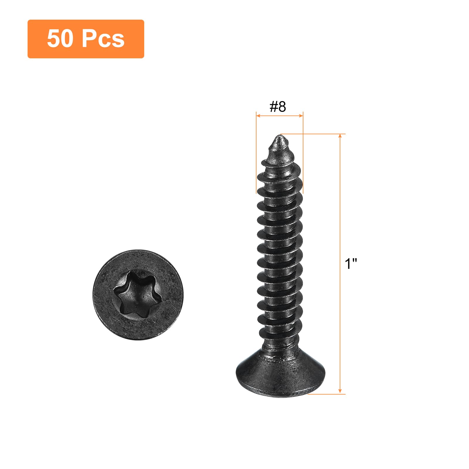 QUARKZMAN # 8 x wkręty do drewna z płaskimi łbami Torx/gwiazdkami, 50 sztuk stali nierdzewnej 304, pełny gwint, powlekane na czarno, wkręty samogwintujące pasują do bitów T20 do drewna, miękkiego