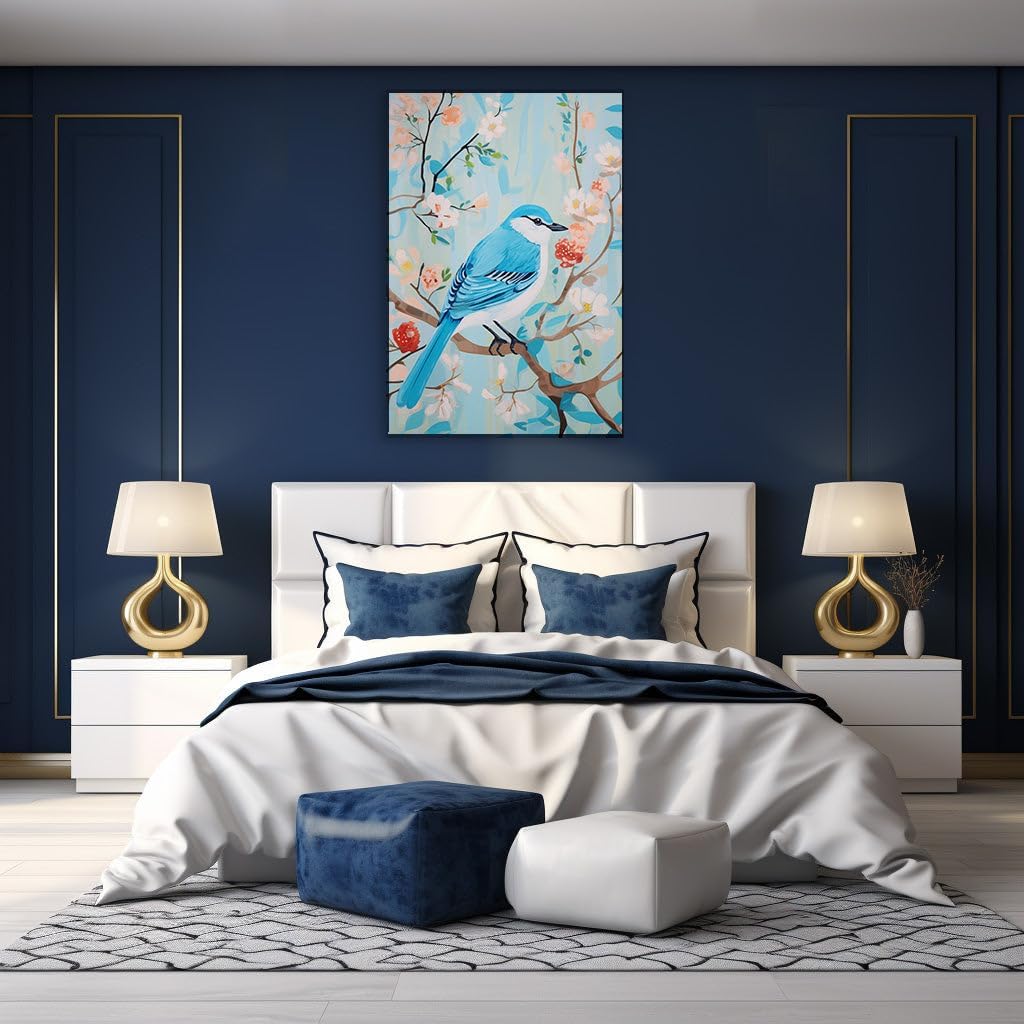 Canvas for Living room. Perching in Serenity: A Harmonious Vision of Bird and Blossoms, 27 x 18 inch Canvas Wall Art - Contemporary Masterpieces - Nature Home Decor - 69x46 cm (27x18 inch)