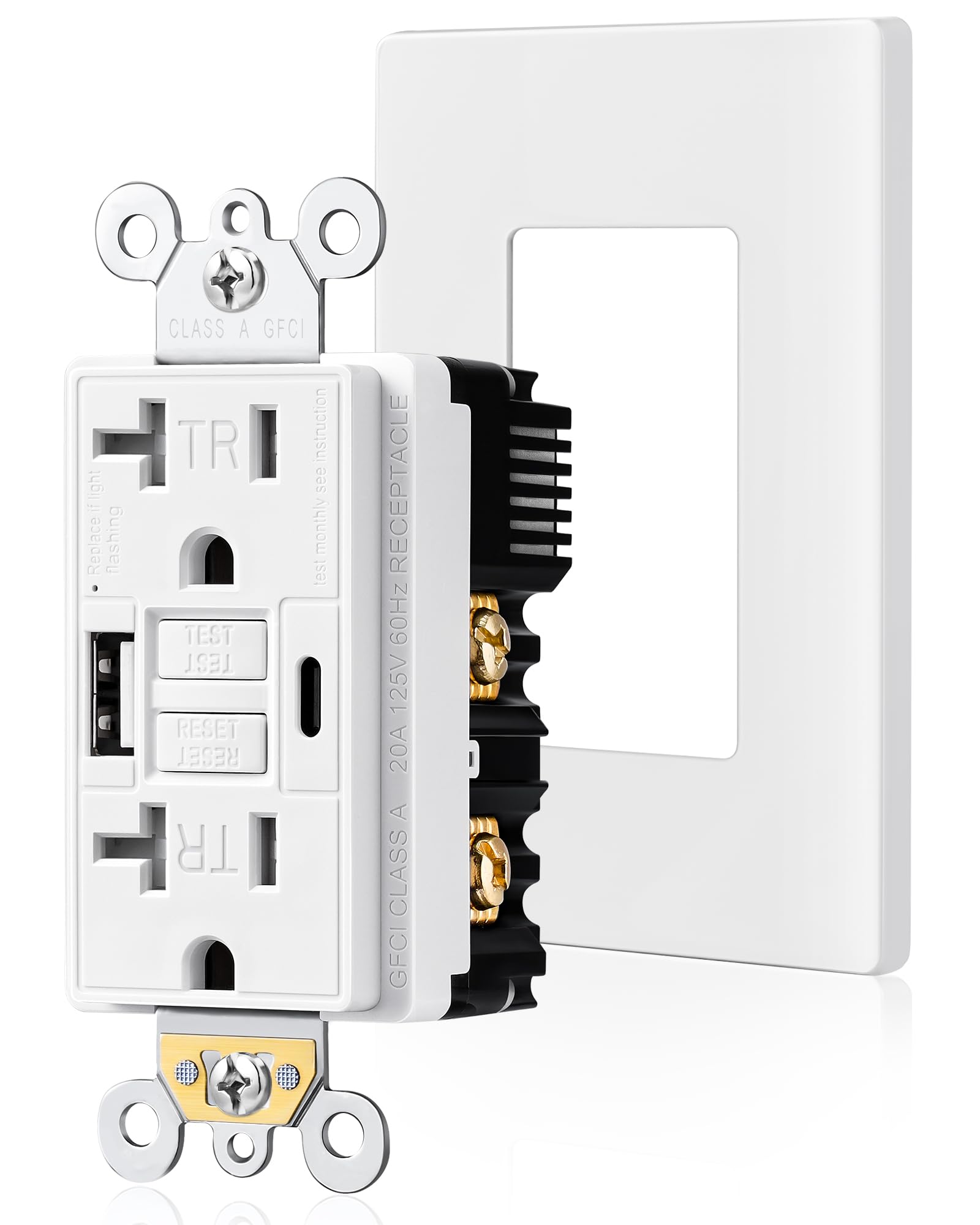 SURAIELEC 20 Amp GFCI Outlet with USB-C & USB-A Ports, Self-Test GFCI Electrical Outlet Combination with USB, Tamper-Resistant GFCI USB Outlet, Screwless Wall Plate Included, ETL Listed, White,1-Pack
