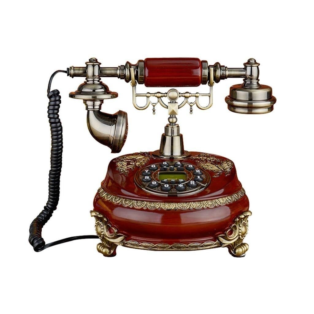 Vintage Resin Imitation Wood Landline Telephone with Electronic Desk Calendar Caller ID for Home Office Decor
