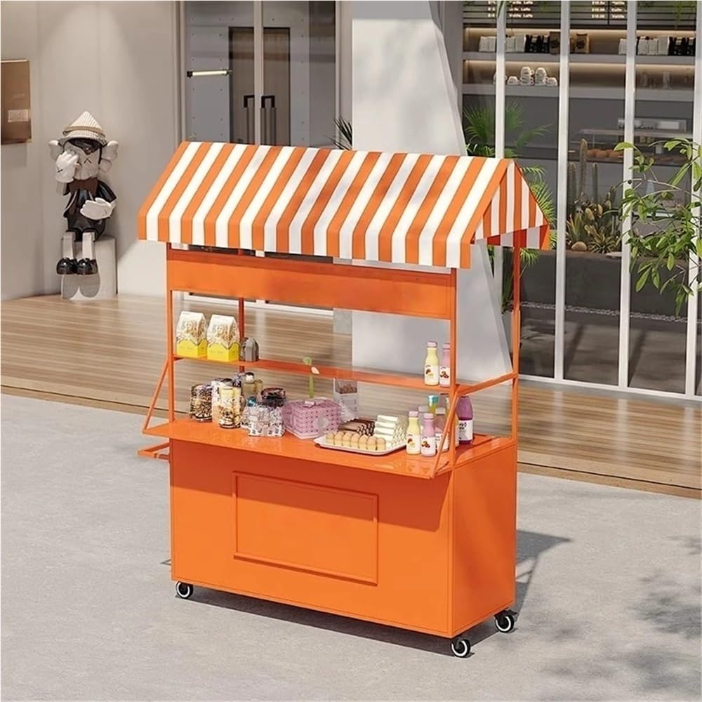 Carrello leggero in ferro con tettoia a righe e ruote, portatile, per il mercato degli agricoltori, carrello creativo per cibo da strada con scatola portaoggetti per eventi (140 x 190 cm)