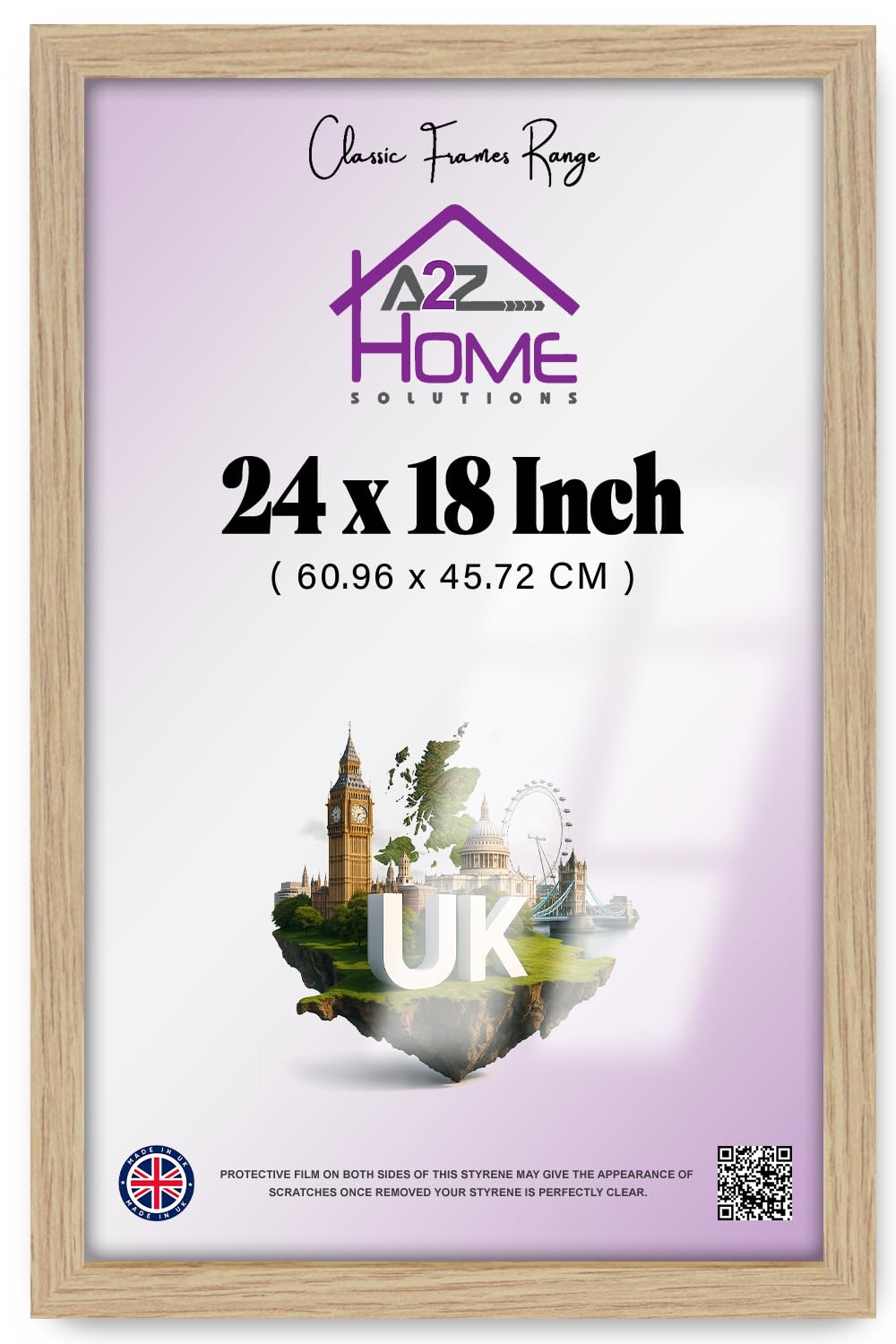 A2Z Home Solutions® Photo Poster Display Wall Hanging Oak Frame 24 x 18 Inches For Print Picture With Clear Perspex 30x15mm Moulding Mounting Hooks MDF backboard