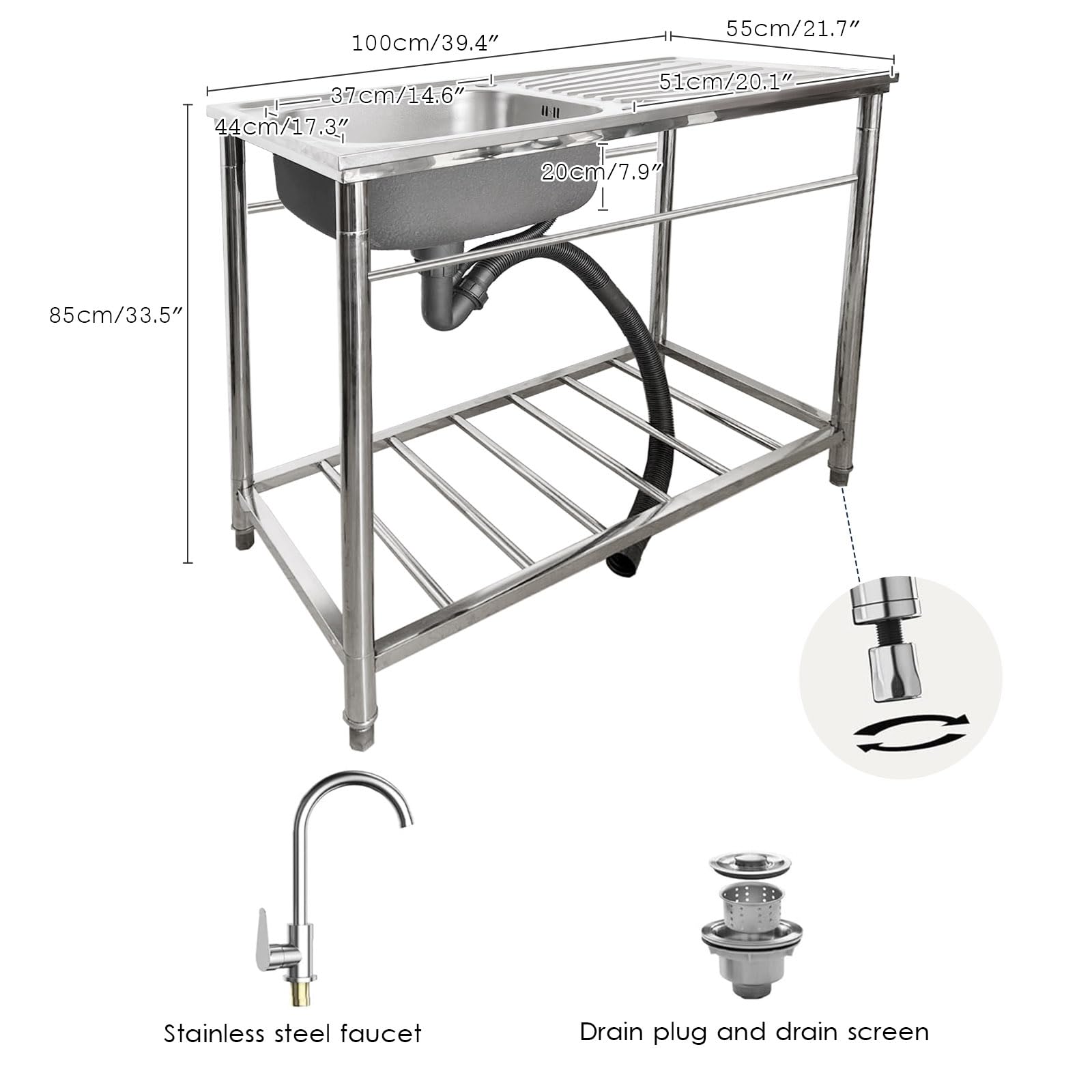 Fregadero de acero inoxidable para restaurante comercial, fregadero de un seno para catering con desagüe, kit de desagüe, grifo para cocina de restaurante, garaje y bar