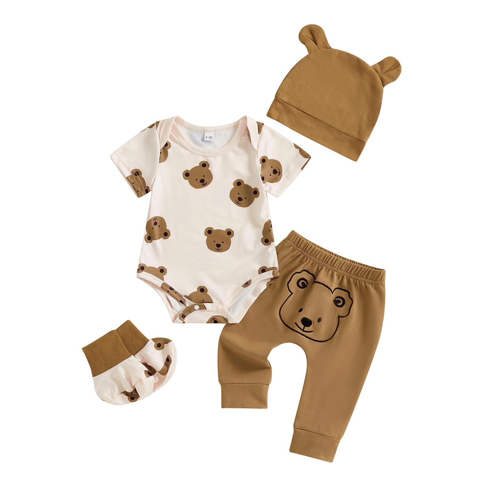 Nouveau-né Come Home Vêtements Bébé Garçon Imprimé Ours Manches Courtes Barboteuse Pantalon Long Chapeau Chaussures Ensemble 4pcs Bébé Garçon Tenues D'été
