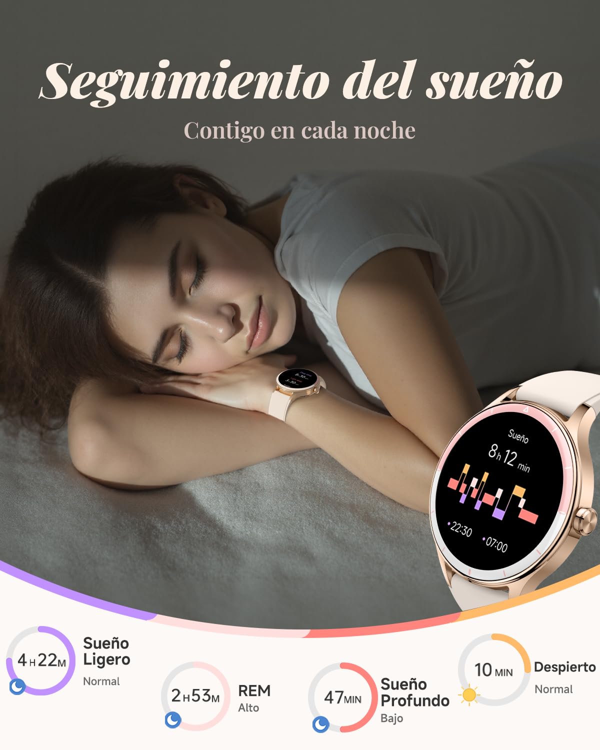 TOOBUR Reloj Inteligente Mujer Redondo, 40 mm Smartwatch Deportivo, Reloj Contador de Pasos Calorias, Compatible Android iOS, Responder Hacer Llamadas, Reloj Mujer Salud, IP68 Waterproof, Beige