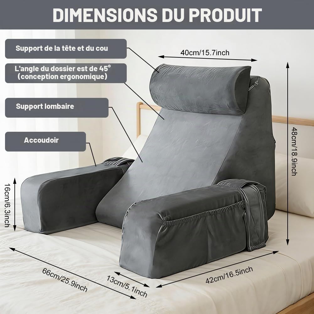 Coussin de lecture pour lit et canapé, coussin de dossier, lit pour adulte, avec accoudoirs amovibles et coussin de tête, coussin de soutien dorsal avec housse lavable pour lire, regarder la