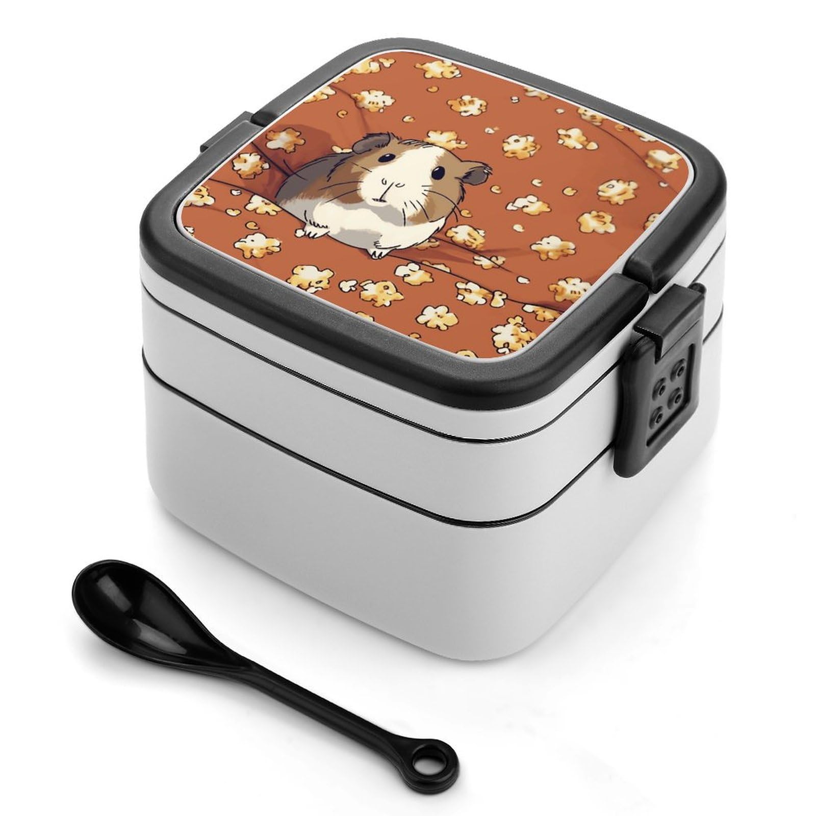 FekiLoot Guinea Pig And Popcorn Bento Box Adult Lunch Box Sealed Bento Lunch Boxes with Spoon Sturdy Double Layer Bento Boxes Snap-on Design Leak Proof Lunch Containers Ideal for Work