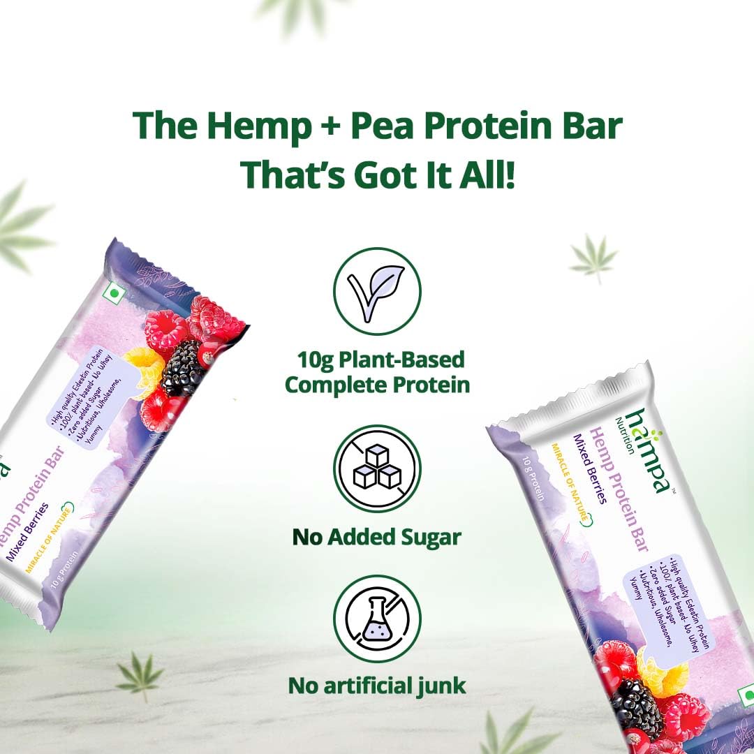 Hampa Ganja Protein Bar 50 G | Mixed berries taste | 10G plant protein | No whey, vegetarian friendly. No pair of sugar, sweet with dates. Snack anytime with adesteine protein. Pack of 3 Hampa Ganja Protein Bar 50 G | Mixed berries taste | 10G plant protein | No whey, vegetarian friendly. No pair of sugar, sweet with dates. Snack anytime with adesteine protein. Pack of 3