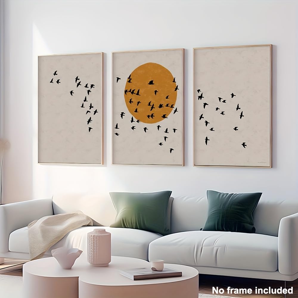 TZKBDMA Set di 3 quadri decorativi con sagome di uccelli e alba su sfondo grigio, ideali per la camera da letto (75x110 cm x 3 / Senza cornice)