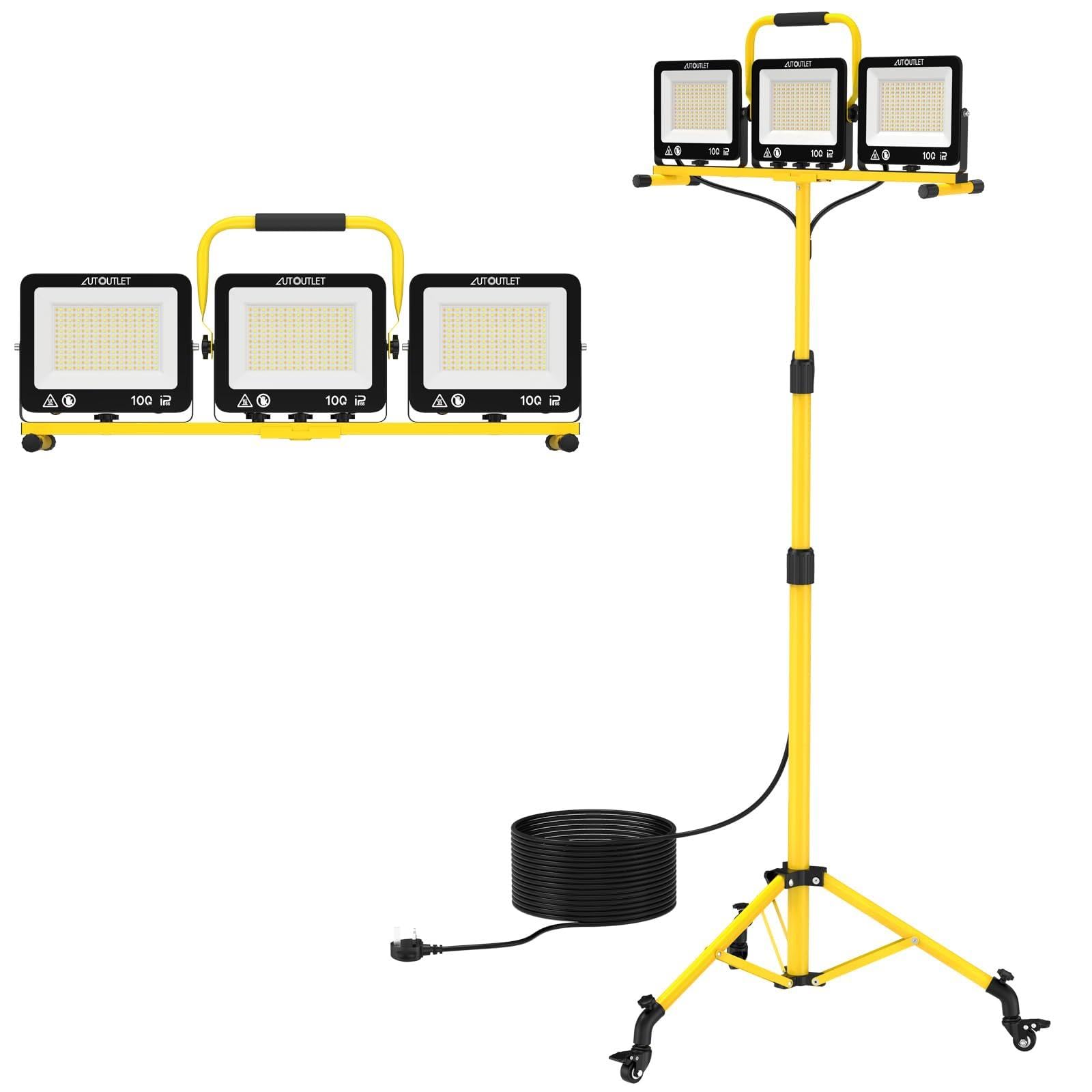 AUTOUTLET Reflektor budowlany LED ze statywem i kółkami, 300 W, 27000 lm, 3 temperatury barwowe, statyw z regulacją wysokości, kabel 5 m, wodoszczelność IP66, zdejmowana lampa budowlana do garażu, na