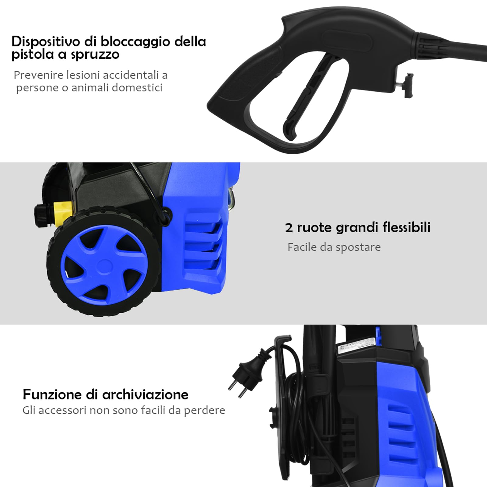 COSTWAY Idropulitrice con 2030 PSI, 5L / Min Idropulitrice Portatile con Ugello Lotus e Ugello ad Alta Pressione, Cavi e Tubi Più lunghi, Adatto per La pulizia di Giardini, Auto,Case(blu)